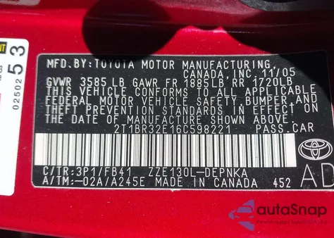 2006 Toyota Corolla Le z USA, uszkodzony, nr VIN 2T1BR32E16C598221